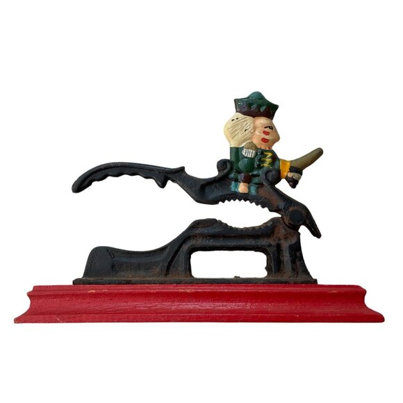 Vintage Cast Iron Figural Nutcracker Red Wooden Base Collectible Kitchen Tool - Picture 2 of 13